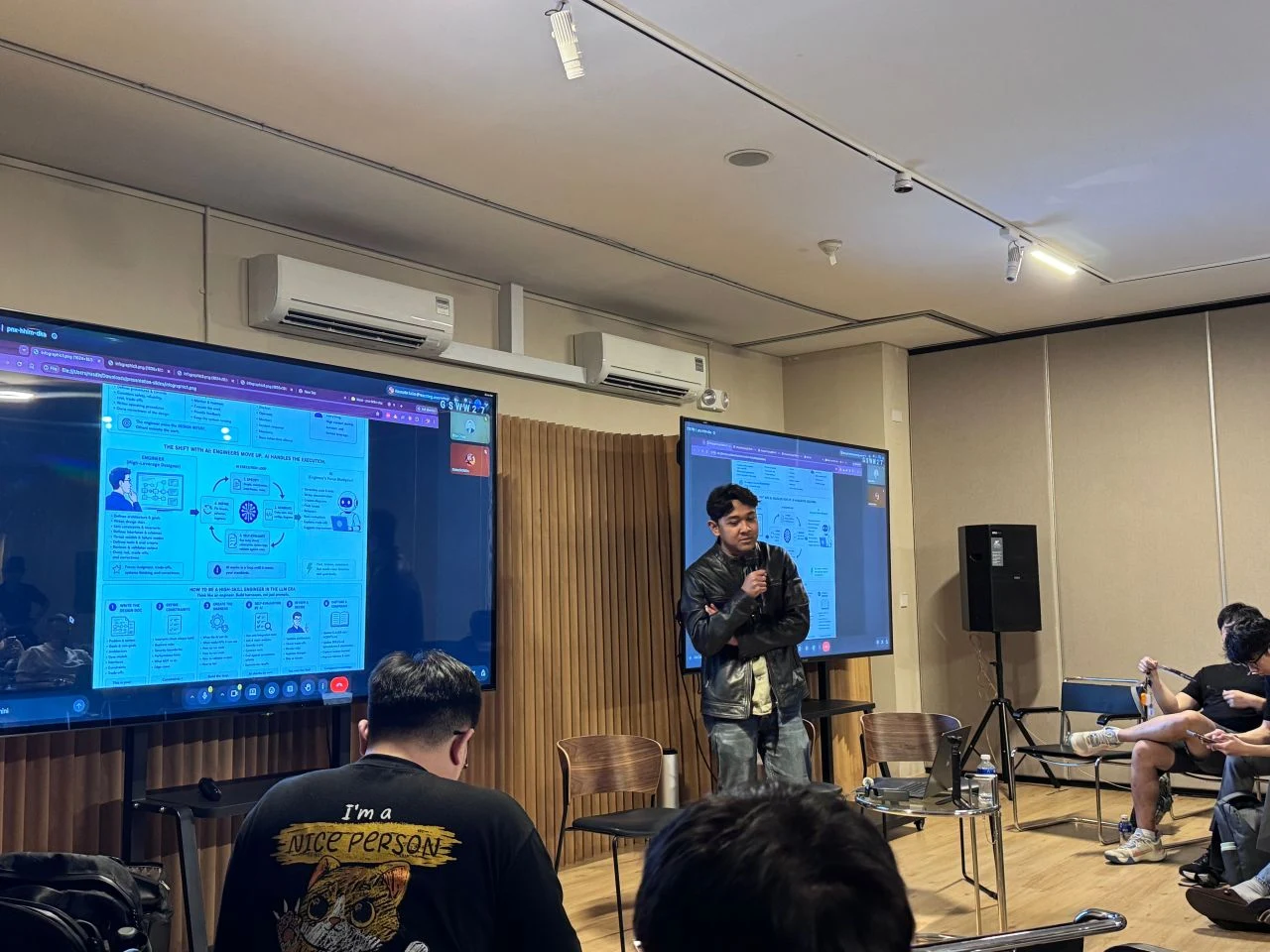 Nasrudin Salim wearing a jacket and speaking into a microphone at a Codex meetup, with software factory diagrams on the screens