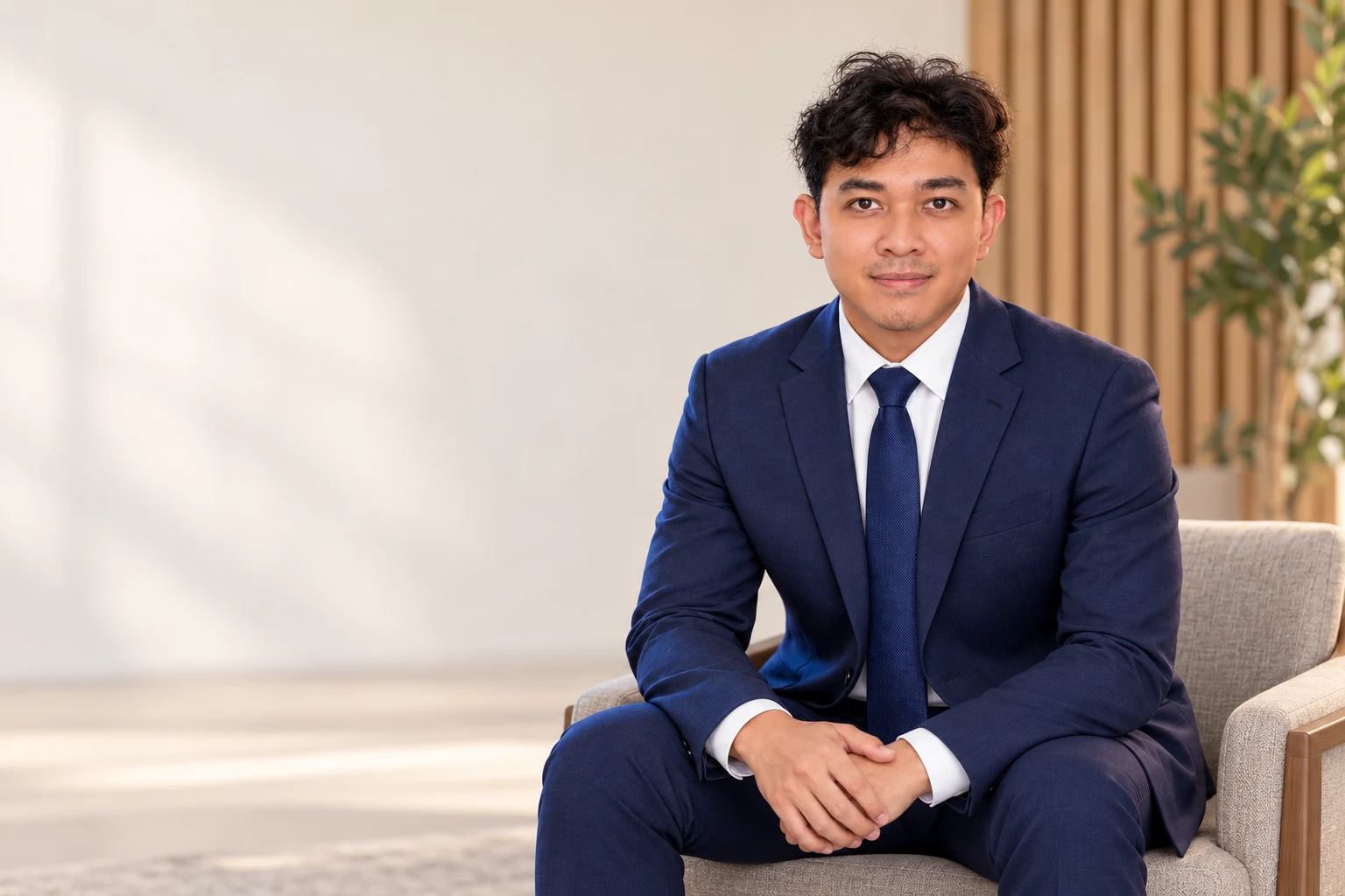Nasrudin Salim seated in a navy suit, with an extended office background